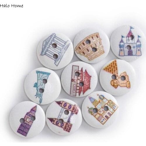 50pcs Building Theme Printing Round Wood buttons Sewing Scrapbook Clothing Gifts Crafts Handwork Accessories Jacket Blazer 15mm