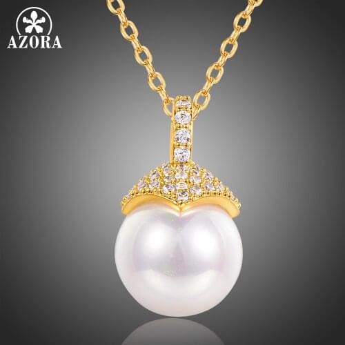 AZORA Popular Lucky Cute Pearl Pendant Round Cut Clear Cubic Zirconia Women Necklaces Pendants Gold Color Jewelry Collar TN0259