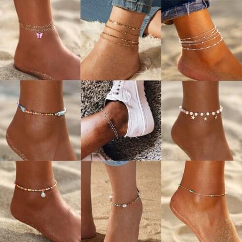 Bohemian Ocean Beach Butterfly Anklets for Women Multi Layered Chain Ankle Bracelet Colorful Beaded Foot Leg Bracelet Jewelry