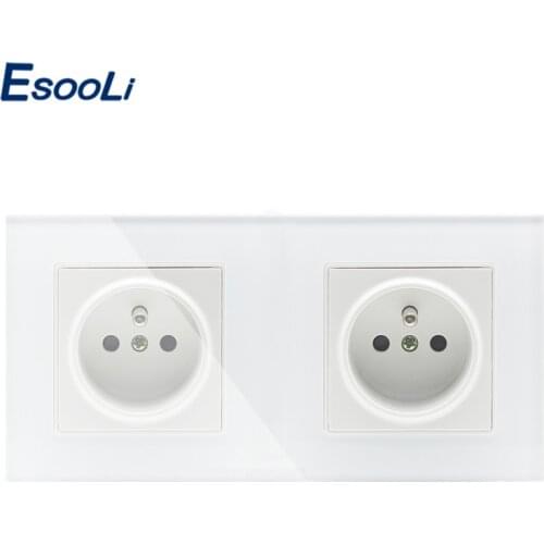 Esooli New Arrivals 16A French Standard, 2 Gang Wall Electric / Power Double Socket / Plug, Crystal Glass Panel,GB-C7C2FR-11