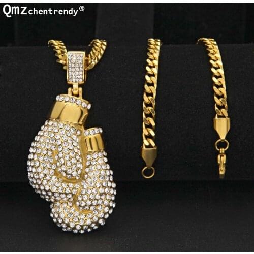Hip hop Stainless Steel Mens Bling Iced Out CZ boxing Gloves Pendants 5mm cuban chain Sports Necklace For men women gift