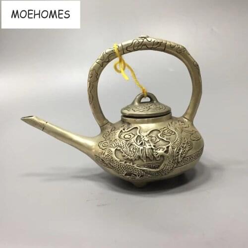 MOEHOMES China Collectible home Decorate Old Tibet silver carving 3 feet Dragon pattern statue tea pot metal crafts