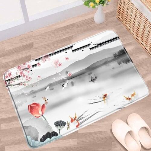 Chinese Style Bathroom Mat Ink Painting Flower Plant Lotus Red Plum Cherry Blossom Scenery Anti-slip Rug kitchen Doorway Carpets