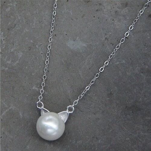 Cute Animal Cat Head Pattern Shell Pearl Pendant Necklace For Woman Girl Simple Classical Jewelry Small Choker Necklace