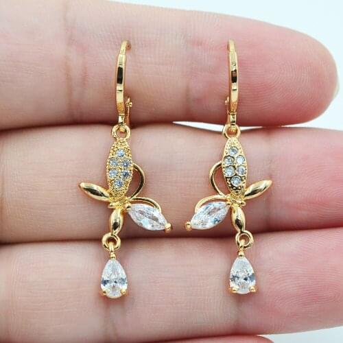 Gold Color Clear Zircon CZ Fashion Crystal Butterfly Dangle Earrings for Women