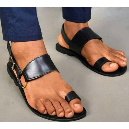 Mens Sandals Vintage Toe Ring PU Leather Male Flats Shoes Comfortable Travel Beach Slippers 2021 Summer Big Size 38-48