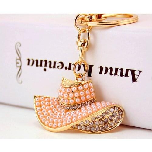 New Pearls Hat Summer Keyring Rhinestone Crystal Charm Fashion Beauty Jewellery Women Bag Pendant Key Chain Gift