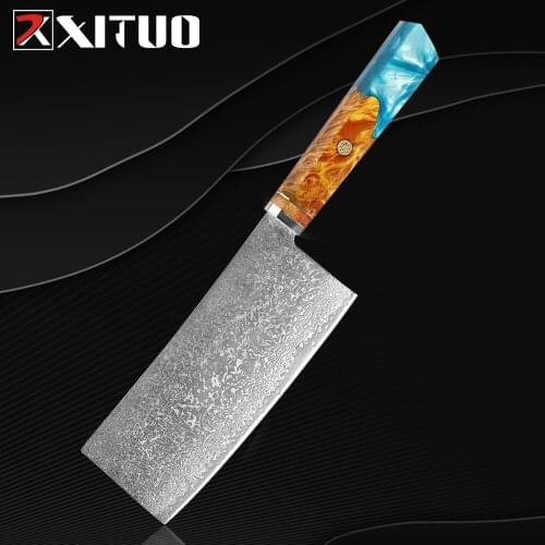 XITUO Asian Kitchen Knife 7 inch Utility Vegetable knife 67 Layer Damascus Steel Slicing Chef Knives Blue Resin Octagonal Handle