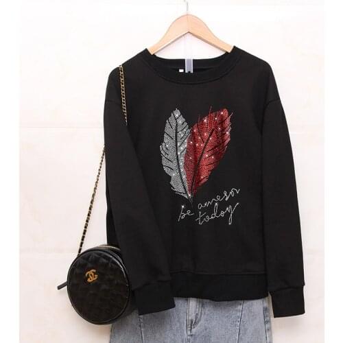 Autumn Fashion Loose Sweatshirts female personality leaf Pattern Hot diamonds Casual Round neck women long sleeve tops pullovers