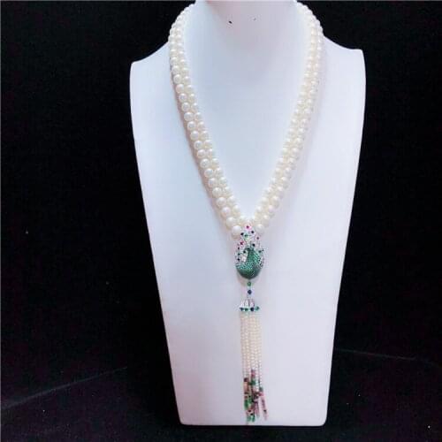 Hand knotted natural 2 rows 8-9mm white freshwater pearl color peacock micro inlay zircon accessoriese clasp sweater necklace