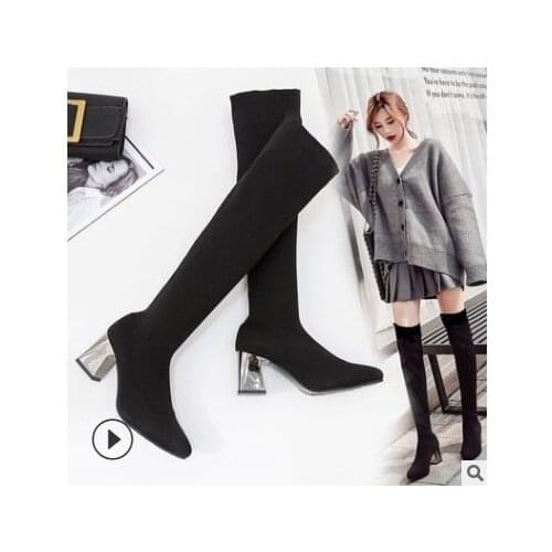 2019 Sexy Party Boots Fashion Suede Leather Shoes Women Over the Knee Heels Boots Stretch Flock Winter High Boots botas