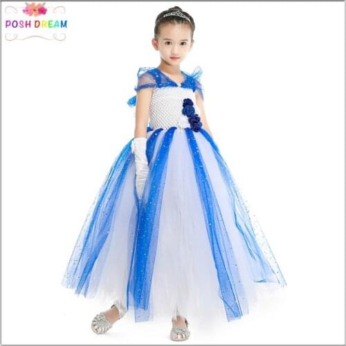 POSH DREAM Elegant Royal Blue Girls Dresses for Wedding Party Rose Flower Pearls Baby Girls Tutu Dress Kids Girl Clothes Party