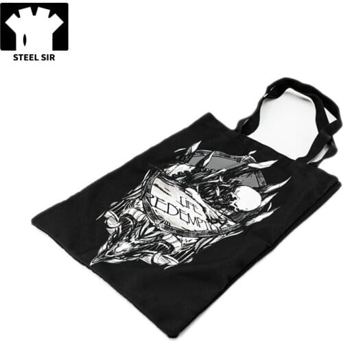 Stellsir Punk Fashion Canvas Shoulder Bag Black Printed Shopping Hand Bag Casual Bag