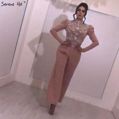Muslim Pink Long Sleeves Evening Dresses 2019 High Collar Diamond Jumpsuit Evening Gowns Serene Hill DLA60910