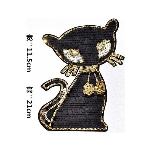 1Pcs Black Cat Sew on Embroidered Applique Sewing Patch Clothes Sequined Stickers Diy Garment Apparel Accessories Cartoon Badge