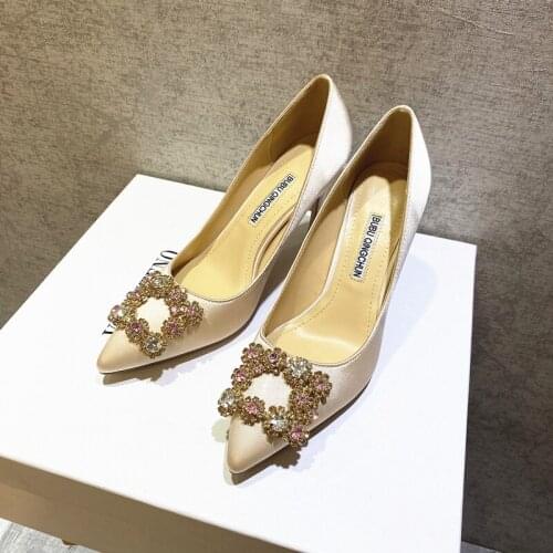 2021 summer new style sexy lady shoes apricot satin crystal pointy toe stiletto stripper high heels bride wedding pumps