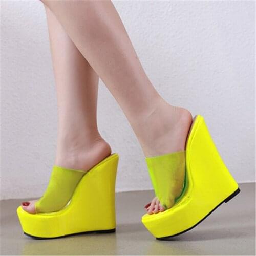 Summer Yellow Orange Transparent PVC Peep Toe Women Platform Wedges Slippers Fashion 15cm Super High Heel Female Jelly Sandals