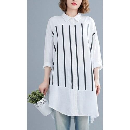 Oversized Women Cotton Linen Casual Shirts New 2021 Autumn Simple Style Vintage striped Loose Female Long Tops Shirt B749
