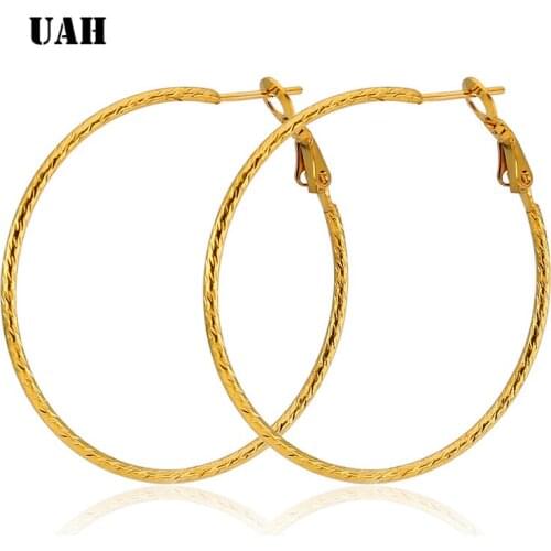 UAH Girls Women Earrings 304 Stainless Steel Hoop Earrings Gold color Twist Round 30mm 40mm 50mm 1 Pair