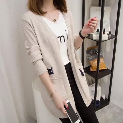Autumn Winter Womens Cardigan Sweater Casual V Neck Cat Embroidery Medium Length Knittwear Female Loose Pocket Sweaters Outwear