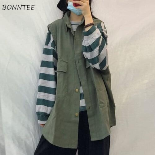 Vests Women Sleeveless Casual Harajuku Simple All-match Students Streetwear Korean Style Chic Pure Color Spring Soft Vintage Ins