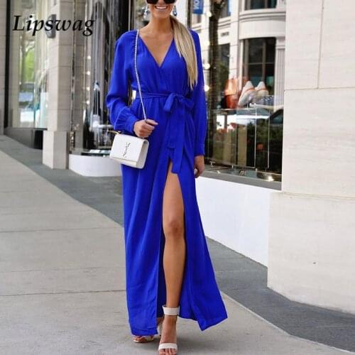 Fashion Women Belt Robe Party Dress Elegant Office Lady Wrap V Neck Split Long Dress Autumn Long Sleeve Button Maxi Shirt Dress