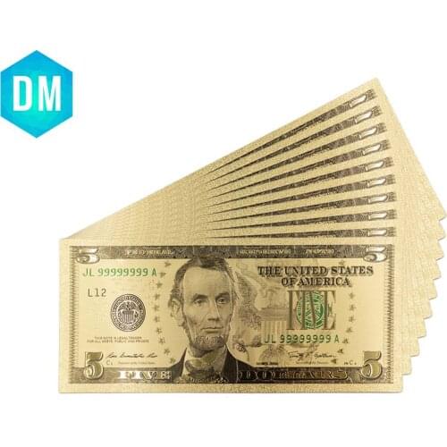 5 Dollar 24k Gold Banknote Holiday Gifts World Paper Money Collectible Colorful Gold Foil Fake Money for Home Decor