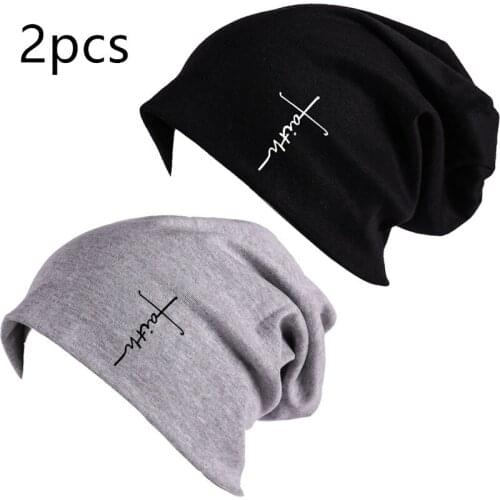 2pcs Faith Cross Printed Casual Knit Hat Men Women Baggy Beanie Slouch Hat Crochet Outdoor Ski Cap Skullies