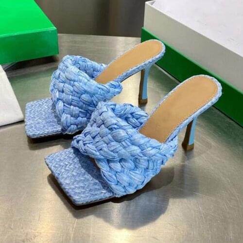 2021 Summer Luxury Suqare Toe Weave High Heels Shoes Women Slippers High Quality Ladies Street Beach Sansals Slivers Shoes