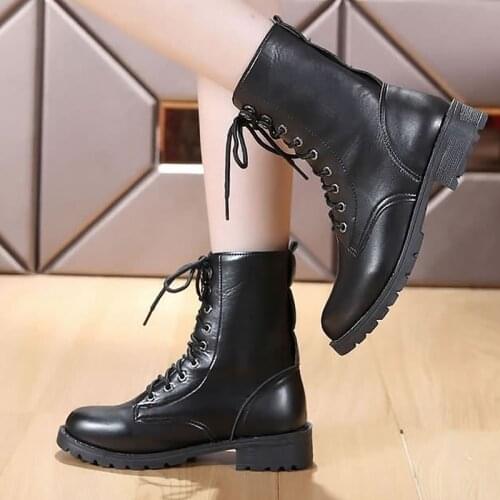 Ankle Boots For Women Black Large Fleeces Motorcycle Boots Increase Comfortable Leather Martins Boots Women Spring Martens Shoes