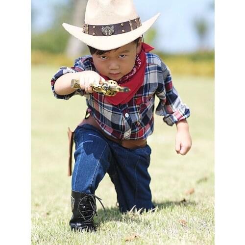 Child Kid Boy Girl Retro Two Guns Leather Band Wool Felt Wide Brim Cowboy Western Hat Cowgirl Bowler Sombrero Cap (54cm,Adjust)