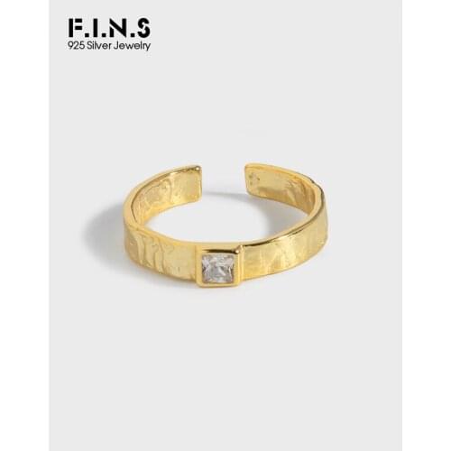 F.I.N.S Korean Square Zircon Authentic Sterling Silver Open Wedding Ring Texture Uneven Surface Finger Ring Engagement Jewelry