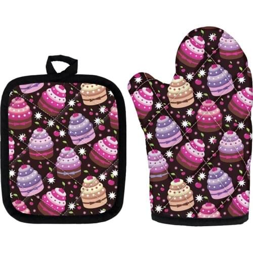 Cupcake Design Baking BBQ Oven Mitts And Pot Holders Sets Non-slip Kitchen Cooking Microwave Glove Potholder Barbecue Gloves