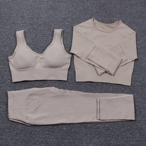 Seamless Yoga Set Women Fitness Clothing Padded Sports Bra Long Sleeve Crop Top Knitted High Waist Leggings Sportswear Gym Set