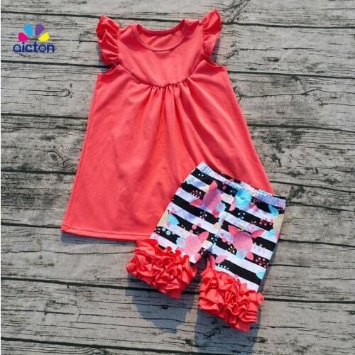 Hot sale Boutique Knitted summer girls outfit newest girls cotton spring clothes sets solid top and floral short outfits
