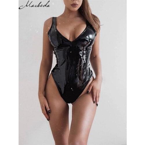 Macheda Black PU Leather Sexy V-neck Bodysuit Women Skinny Summer Beach Casual Ladies Slim Jumpsuit 2019 New Arrival