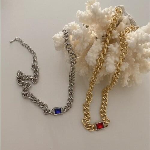 Minar 2 Designs Red Royal Blue Crystal Chunky Chain Necklaces for Women 2020 Gold Silver Color Wide Curb Link Chokers Necklace