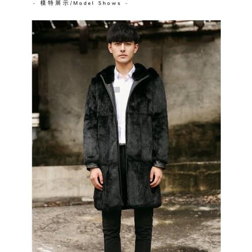 New mens Real genunie natural rabbit fur coat with hood men long fashion jacket warm winter custom any size
