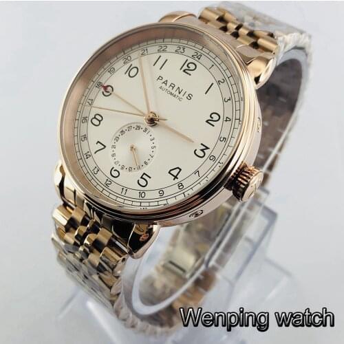 Parnis 42mm rose gold case GMT arab mark date window solid stainless steel mens top business automatic mechanical watch