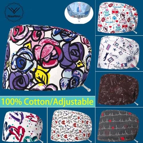 Print Medical Hat 100% Cotton Scrub Hat Womens Mens Beauty Hospital Dustproof Sweat-absorbent Cleaning Cap Pet Clinic Care Cap