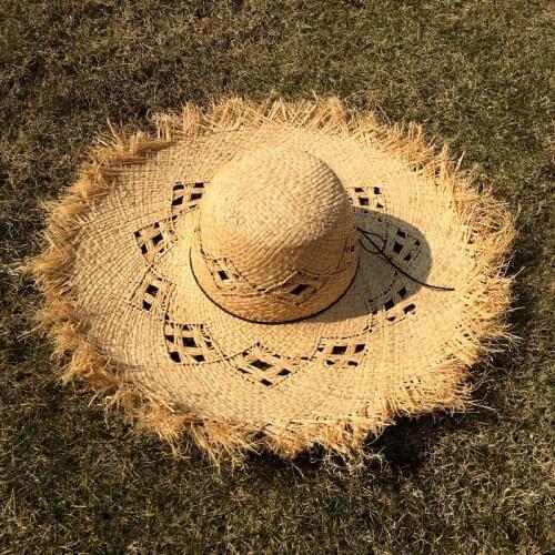 Ruhao summer hat Handmade Weave 100% Raffia Sun Hats For Women Large Brim Straw Hat Outdoor Beach Summer Caps Chapeu Feminino
