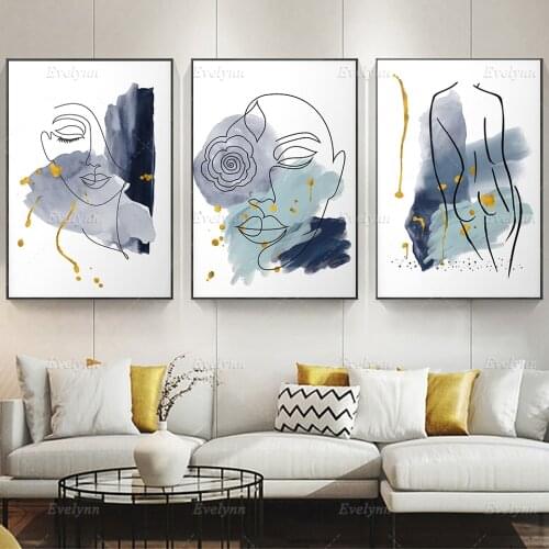 Nordic Female Abstract Navy and Gold Wall Art Canvas Painting Woman Hd Art Poster Print Wall Pictures for Living Room Home Decor