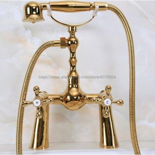 Deck Mounted Polished Gold Color Bathroom Faucet Double Cross Handles With Hand Held Shower Head Shower Faucet Set Nna148