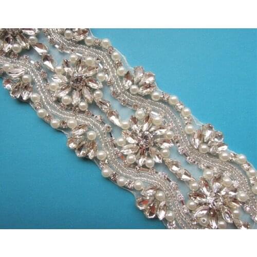 Crystal bridal rhinestone pearl beaded applique trim for wedding evening dress DIY iron on WDD0057