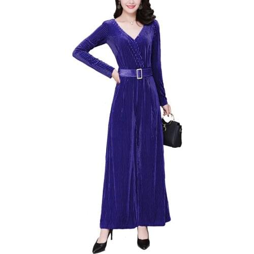 Spring Long-sleeved V-neck gold velvet jumpsuit stripes slim high waist hanging hooded wide-leg trousers suit women INS autumn