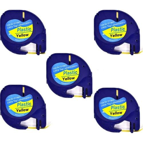 High quality Compatible 5PK DYMO Letratag label maker plastic tape 12mm black on yellow LT 91202 for dymo LT printer LT-H100