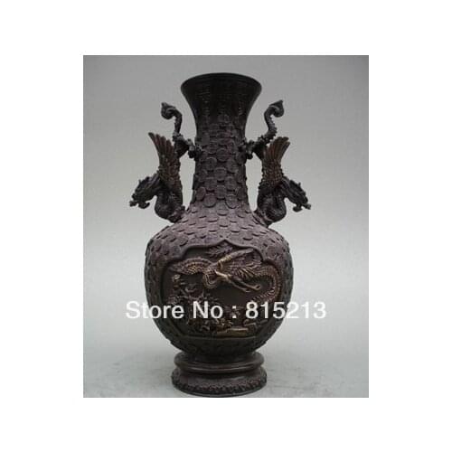 Wang 000240 11"Inch China Absolute pure bronze Carved Dragon Phoenix Red-crowned Crane Vase