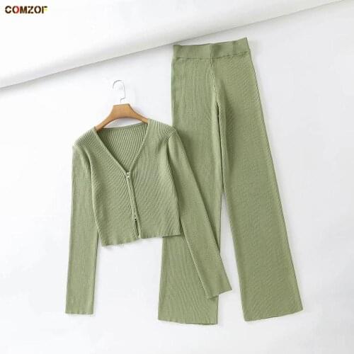 High Waist Straight Pants+V-Neck T Shirt Zipper Women 2021 Spring Autumn 2 Piece Set Knitting Casual Suits Lady Ensemble Femme