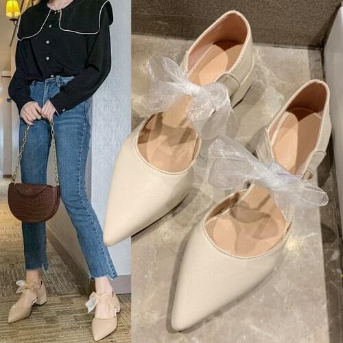 2021 New Shallow Mouth Wild Thick Heel Single Shoes Female Lace Bow Knot Wind Gentle Fairy Pointed Rubber Head