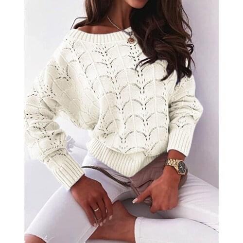 Ladies Hollow Knit Sweater 2021 European and American New Style Thin Beach Fashion Bat Sleeve Long Sleeve Sweater Womens Top